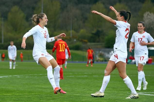 Mandatory Credit: Photo by Kieran McManus BPI Shutterstock (11850238s) Evelyne Viens of Canada celebrates scoring a goal to make the score 0-2 with Janine Beckie of Canada Wales Women v Canada Women, International Friendly, Länderspiel, Nationalmannschaft Football, The Leckwith Athletics Stadium, Cardiff, UK - 9 Apr 2021 EDITORIAL USE ONLY No use with unauthorised audio, video, data, fixture lists, club league logos or live services. Online in-match use limited to 120 images, no video emulation. No use in betting, games or single club league player publications. Wales Women v Canada Women, International Friendly, Football, The Leckwith Athletics Stadium, Cardiff, UK - 9 Apr 2021 EDITORIAL USE ONLY No use with unauthorised audio, video, data, fixture lists, club league logos or live services. Online in-match use limited to 120 images, no video emulation. No use in betting, games or single club league player publications. Copyright: xKieranxMcManus BPI Shutterstockx 11850238s