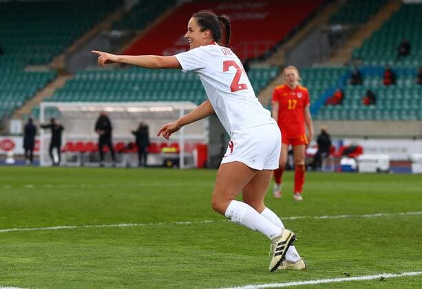 Mandatory Credit: Photo by Kieran McManus BPI Shutterstock (11850238q) Evelyne Viens of Canada celebrates scoring a goal to make the score 0-2 Wales Women v Canada Women, International Friendly, Länderspiel, Nationalmannschaft Football, The Leckwith Athletics Stadium, Cardiff, UK - 9 Apr 2021 EDITORIAL USE ONLY No use with unauthorised audio, video, data, fixture lists, club league logos or live services. Online in-match use limited to 120 images, no video emulation. No use in betting, games or single club league player publications. Wales Women v Canada Women, International Friendly, Football, The Leckwith Athletics Stadium, Cardiff, UK - 9 Apr 2021 EDITORIAL USE ONLY No use with unauthorised audio, video, data, fixture lists, club league logos or live services. Online in-match use limited to 120 images, no video emulation. No use in betting, games or single club league player publications. Copyright: xKieranxMcManus BPI Shutterstockx 11850238q