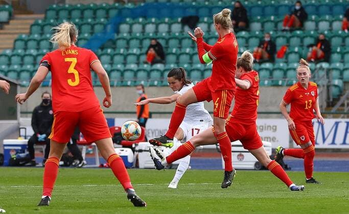 Mandatory Credit: Photo by Kieran McManus BPI Shutterstock (11850238t) Jessie Fleming of Canada scores a goal to make the score 0-3 Wales Women v Canada Women, International Friendly, Länderspiel, Nationalmannschaft Football, The Leckwith Athletics Stadium, Cardiff, UK - 9 Apr 2021 EDITORIAL USE ONLY No use with unauthorised audio, video, data, fixture lists, club league logos or live services. Online in-match use limited to 120 images, no video emulation. No use in betting, games or single club league player publications. Wales Women v Canada Women, International Friendly, Football, The Leckwith Athletics Stadium, Cardiff, UK - 9 Apr 2021 EDITORIAL USE ONLY No use with unauthorised audio, video, data, fixture lists, club league logos or live services. Online in-match use limited to 120 images, no video emulation. No use in betting, games or single club league player publications. Copyright: xKieranxMcManus BPI Shutterstockx 11850238t