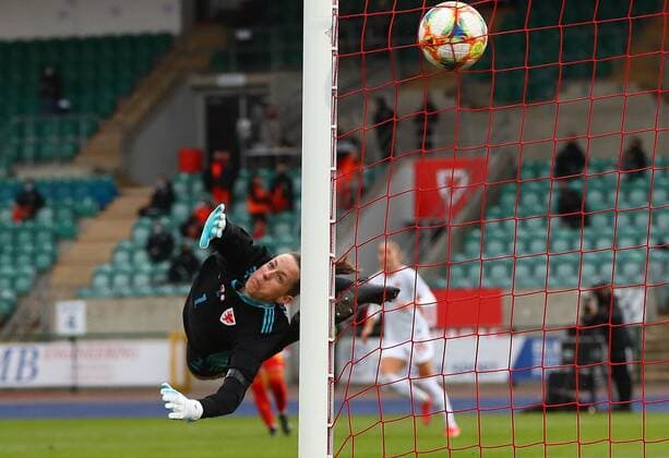 Mandatory Credit: Photo by Kieran McManus BPI Shutterstock (11850238v) Laura O Sullivan of Wales dives but fails to save the goal scored by Jessie Fleming of Canada Wales Women v Canada Women, International Friendly, Länderspiel, Nationalmannschaft Football, The Leckwith Athletics Stadium, Cardiff, UK - 9 Apr 2021 EDITORIAL USE ONLY No use with unauthorised audio, video, data, fixture lists, club league logos or live services. Online in-match use limited to 120 images, no video emulation. No use in betting, games or single club league player publications. Wales Women v Canada Women, International Friendly, Football, The Leckwith Athletics Stadium, Cardiff, UK - 9 Apr 2021 EDITORIAL USE ONLY No use with unauthorised audio, video, data, fixture lists, club league logos or live services. Online in-match use limited to 120 images, no video emulation. No use in betting, games or single club league player publications. Copyright: xKieranxMcManus BPI Shutterstockx 11850238v