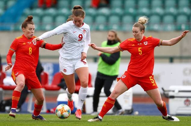 Mandatory Credit: Photo by Kieran McManus BPI Shutterstock (11850238x) Jordyn Huitema of Canada goes past Rhiannon Roberts of Wales Wales Women v Canada Women, International Friendly, Länderspiel, Nationalmannschaft Football, The Leckwith Athletics Stadium, Cardiff, UK - 9 Apr 2021 EDITORIAL USE ONLY No use with unauthorised audio, video, data, fixture lists, club league logos or live services. Online in-match use limited to 120 images, no video emulation. No use in betting, games or single club league player publications. Wales Women v Canada Women, International Friendly, Football, The Leckwith Athletics Stadium, Cardiff, UK - 9 Apr 2021 EDITORIAL USE ONLY No use with unauthorised audio, video, data, fixture lists, club league logos or live services. Online in-match use limited to 120 images, no video emulation. No use in betting, games or single club league player publications. Copyright: xKieranxMcManus BPI Shutterstockx 11850238x