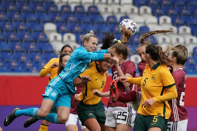 Goalkeeper Merle Frohms Germany, Germany , Sjoeke Nüsken Germany, Germany clear with united forces 10 04 2021 Wiesbaden Germany vs Australia, BRITA Arena, Women, Friendly match