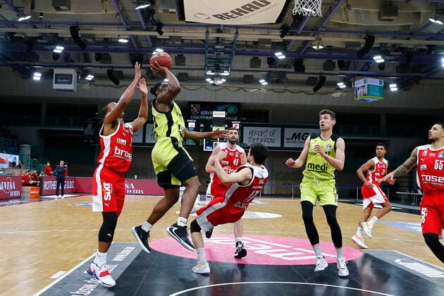 27 Matchday of the easyCredit BBL Basketball Bundesliga on 10 April 2021at the Oberfrankenhalle in Bayreuth Bavaria Germany Season 2020 2021 Medi Bayreuth vs Brose Bamberg Frank Bartley Medi Bayreuth 24 center Mateo Seric Brose Bamberg 17 right