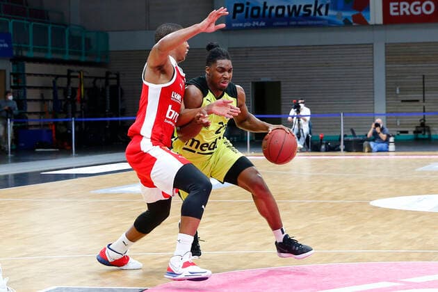 27 Matchday of the easyCredit BBL Basketball Bundesliga on 10 April 2021at the Oberfrankenhalle in Bayreuth Bavaria Germany Season 2020 2021 Medi Bayreuth vs Brose Bamberg Frank Bartley Medi Bayreuth 24 right Devon Hall Brose Bamberg 22 left