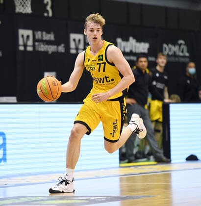 Basketball 2 Bundesliga 2020 2021 30 Matchday in Rottenburg at Volksbank Arena 10 04 2021 Tigers Tuebingen Bayer Giants Leverkusen Timo Lanmueller Tigers Tuebingen with ball