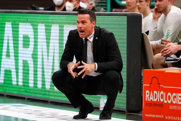27 Matchday of the easyCredit BBL Basketball Bundesliga on 10 April 2021at the Oberfrankenhalle in Bayreuth Bavaria Germany season 2020 2021 Medi Bayreuth vs Brose Bamberg Raoul Korner Medi Bayreuth coach