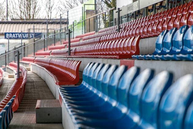 View into the stadium about two hours before Anpriff 11 04 2021, Football, GER, 3 Liga, Saison 2020 21, 31 Spieltag, SpVgg Unterhaching vs SG Dynamo Dresden, Sportpark Unterhaching, SpVgg Unterhaching vs SG Dynamo Dresden