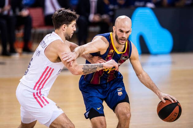 11th April 2021; Palau Blaugrana, Barcelona, Catalonia, Spain; Liga ACB Basketball, Barcelona versus Real Madrid; 99 Calathes of Barcelona holds off the challenge during the Liga Endesa match  ActionPlus12280711 MarcxGonzalezxAloma