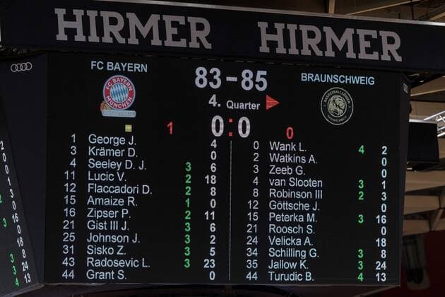 Basketball, BBL, 20210411, FC Bayern München Basketball Löwen Braunschweig In the picture scoreboard with final score 83 85 Munich Audi Dome Bayern Germany Copyright: Passion2Press MarkusxFischerx