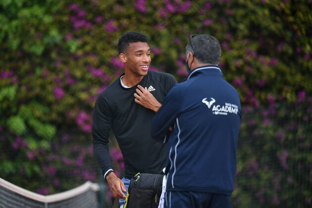 Felix Auger Aliassime with Toni Nadal and Frederic Fontang TENNIS : Rolex Monte Carlo Masters - 11 04 2021 AntoineCouvercelle Panoramic 