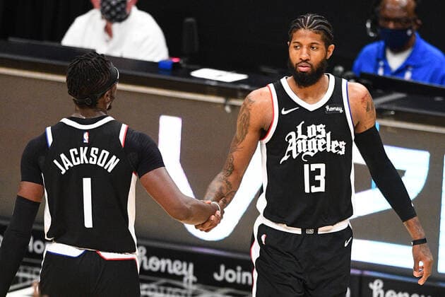 LOS ANGELES, CA - APRIL 11: Los Angeles Clippers Guard Reggie Jackson (1) gives Los Angeles Clippers Guard Paul George (13) a high five during a NBA, Basketball Herren, USA game between the Detroit Pistons and the Los Angeles Clippers on April 11, 2021 at STAPLES Center in Los Angeles, CA. (Photo by Brian Rothmuller Icon Sportswire) NBA: APR 11 Pistons at Clippers Icon210411004