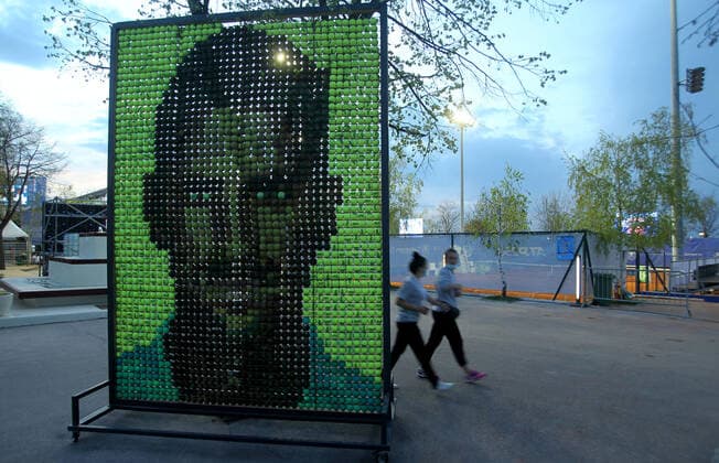 Sport Bilder des Tages 12.04.2021 Belgrade(Serbia) Serbia Challenger Open men s tennis singles Portrait of Novak Djokovic made from tennis balls inside of Milan Gale Muskatirovic tennis stadium :