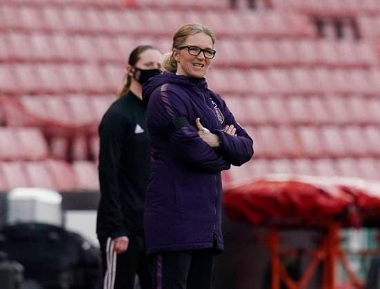 Stoke, England, 13th April 2021. Hege Riise manager of England during the International Football Friendly match at The Bet365 Stadium, Stoke. Picture credit should read: Andrew Yates Sportimage EDITORIAL USE ONLY. No use with unauthorised audio, video, data, fixture lists, club league logos or live services. Online in-match use limited to 120 images, no video emulation. No use in betting, games or single club league player publications. SPI-0999-0010