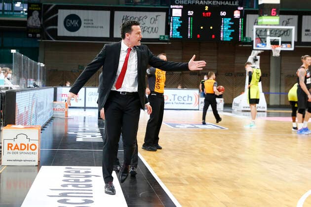 28 Matchday of the easyCredit BBL Basketball Bundesliga on 13 April 2021in the Oberfrankenhalle in Bayreuth Bavaria Germany season 2020 2021 Medi Bayreuth against ratiopharm Ulm Raoul Korner Medi Bayreuth coach