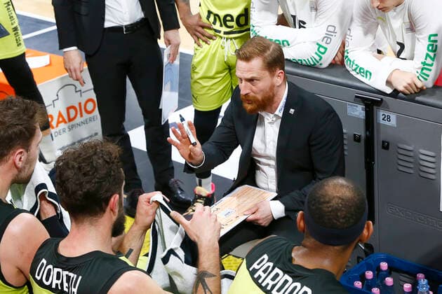 28 Matchday of the easyCredit BBL Basketball Bundesliga on 13 April 2021in the Oberfrankenhalle in Bayreuth Bavaria Germany season 2020 2021 Medi Bayreuth against ratiopharm Ulm Lars Masell Medi Bayreuth Co coach during timeout