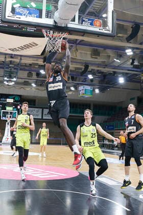 28 Matchday of the easyCredit BBL Basketball Bundesliga on 13 April 2021at the Oberfrankenhalle in Bayreuth Bavaria Germany season 2020 2021 Medi Bayreuth vs ratiopharm Ulm David Walker Medi Bayreuth23 right Aric Holman ratiopharm Ulm 35 left
