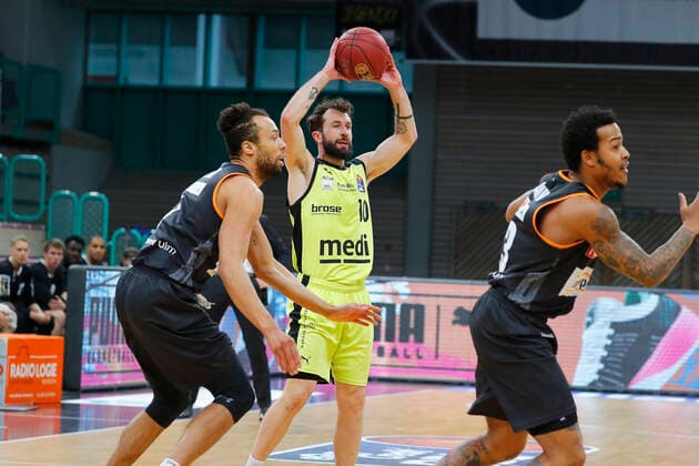 28 Matchday of the easyCredit BBL Basketball Bundesliga on 13 April 2021in the Oberfrankenhalle in Bayreuth Bavaria Germany season 2020 2021 Medi Bayreuth against ratiopharm Ulm Bastian Doreth Medi Bayreuth 10 center Demitrius Conger ratiopharm Ulm 1 left