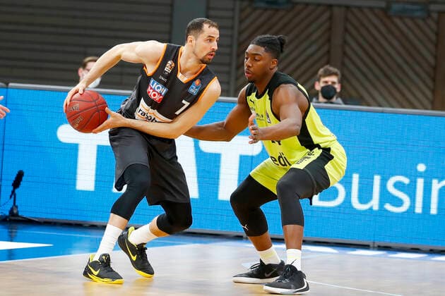 28 Matchday of the easyCredit BBL Basketball Bundesliga on 13 April 2021in the Oberfrankenhalle in Bayreuth Bavaria Germany season 2020 2021 Medi Bayreuth vs ratiopharm Ulm Frank Bartley Medi Bayreuth 24 right John Petrucelli ratiopharm Ulm 7 left