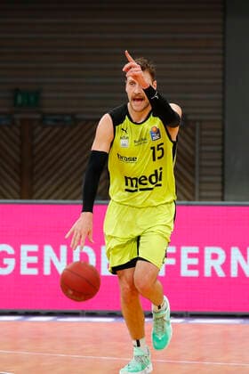 28 Matchday of the easyCredit BBL Basketball Bundesliga on 13 April 2021in the Oberfrankenhalle in Bayreuth Bavaria Germany season 2020 2021 Medi Bayreuth against ratiopharm Ulm Matthew Tiby Medi Bayreuth 15 points the direction