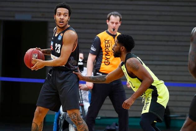 28 Matchday of the easyCredit BBL Basketball Bundesliga on 13 April 2021in the Oberfrankenhalle in Bayreuth Bavaria Germany season 2020 2021 Medi Bayreuth vs ratiopharm Ulm Lazeric Jones Medi Bayreuth 12 right Troy Caupain ratiopharm Ulm 23 left