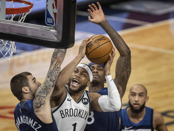April 13, 2021, Minneapolis, MN, United States: Brooklyn Nets forward Bruce Brown (1) drives to the basket on Minnesota Timberwolves forward Juancho Hernangomez (41) and forward Jarred Vanderbilt (8) at Target Center on Tuesday, April 13, 2021 in Minneapolis, Minnesota. Minneapolis United States - ZUMAm67_ 0116799642st Copyright: xJerryxHoltx