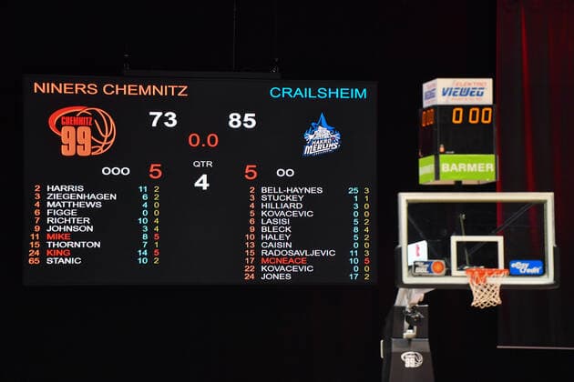 Chemnitz, Germany 14 April 2021 BBL 2020 2021 Niners Chemnitz vs Hakro Merlins Crailsheim scoreboard with the final score of 73 85 Chemnitz Fair Saxony Copyright: xFotostandx xDostmannx
