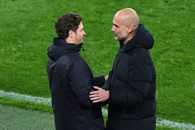 Football Champions League quarterfinals Borussia Dortmund Manchester City on 14 04 2021 at Signal Iduna Park in Dortmund Edin Terzic coach head coach Dortmund , left Josep Pep Guardiola head coach Manchester , right xRx