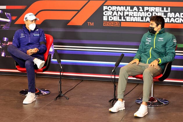 F1 Grand Prix of Emilia Romagna 63 George Russell (GBR, Williams Racing), 18 Lance Stroll (CAN, Aston Martin Cognizant F1 Team), F1 Grand Prix of Emilia Romagna at Autodromo Enzo e Dino Ferrari on April 15, 2021 in Imola, Italy. (Photo by xpbimages.com XPB Images FIA Pool via HOCH ZWEI) Imola Italy Poolfoto HOCH ZWEI Pool XPB Images ,EDITORIAL USE ONLY