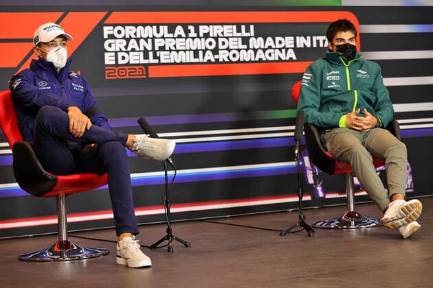 F1 Grand Prix of Emilia Romagna 63 George Russell (GBR, Williams Racing), 18 Lance Stroll (CAN, Aston Martin Cognizant F1 Team), F1 Grand Prix of Emilia Romagna at Autodromo Enzo e Dino Ferrari on April 15, 2021 in Imola, Italy. (Photo by xpbimages.com XPB Images FIA Pool via HOCH ZWEI) Imola Italy Poolfoto HOCH ZWEI Pool XPB Images ,EDITORIAL USE ONLY