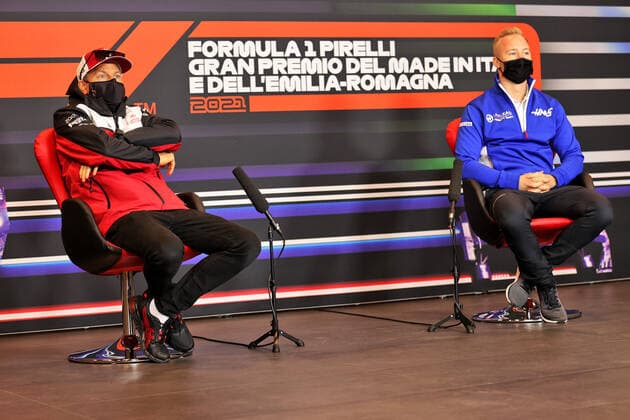 F1 Grand Prix of Emilia Romagna 7 Kimi Raikkonen (FIN, Alfa Romeo Racing ORLEN), 9 Nikita Mazepin (RUS, Haas F1 Team), F1 Grand Prix of Emilia Romagna at Autodromo Enzo e Dino Ferrari on April 15, 2021 in Imola, Italy. (Photo by xpbimages.com XPB Images FIA Pool via HOCH ZWEI) Imola Italy Poolfoto HOCH ZWEI Pool XPB Images ,EDITORIAL USE ONLY