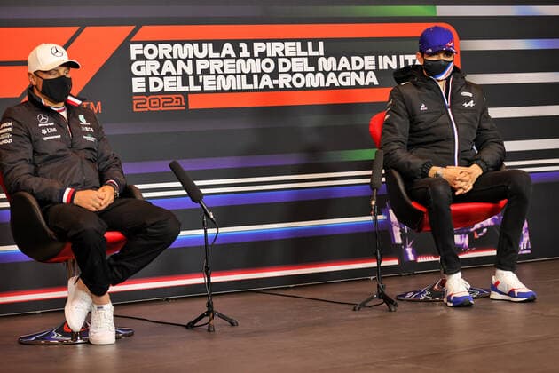 F1 Grand Prix of Emilia Romagna 77 Valtteri Bottas (FIN, Mercedes-AMG Petronas F1 Team), 31 Esteban Ocon (FRA, Alpine F1 Team), F1 Grand Prix of Emilia Romagna at Autodromo Enzo e Dino Ferrari on April 15, 2021 in Imola, Italy. (Photo by xpbimages.com XPB Images FIA Pool via HOCH ZWEI) Imola Italy Poolfoto HOCH ZWEI Pool XPB Images ,EDITORIAL USE ONLY