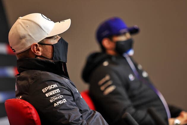 F1 Grand Prix of Emilia Romagna 77 Valtteri Bottas (FIN, Mercedes-AMG Petronas F1 Team), 31 Esteban Ocon (FRA, Alpine F1 Team), F1 Grand Prix of Emilia Romagna at Autodromo Enzo e Dino Ferrari on April 15, 2021 in Imola, Italy. (Photo by xpbimages.com XPB Images FIA Pool via HOCH ZWEI) Imola Italy Poolfoto HOCH ZWEI Pool XPB Images ,EDITORIAL USE ONLY