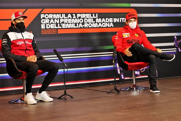 F1 Grand Prix of Emilia Romagna 99 Antonio Giovinazzi (ITA, Alfa Romeo Racing ORLEN), 16 Charles Leclerc (MON, Scuderia Ferrari Mission Winnow), F1 Grand Prix of Emilia Romagna at Autodromo Enzo e Dino Ferrari on April 15, 2021 in Imola, Italy. (Photo by xpbimages.com XPB Images FIA Pool via HOCH ZWEI) Imola Italy Poolfoto HOCH ZWEI Pool XPB Images ,EDITORIAL USE ONLY