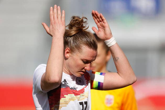 Wiesbaden, Football, Womens International Match , 13 04 2021 Germany Norway 3 1 Alexandra POPP GER after a missed chance to score According to the regulations of the DFB Deutscher Fußball Bund it is forbidden to use or let use photos taken in the stadium and or from the match in the form of sequence pictures and or video-like photo series