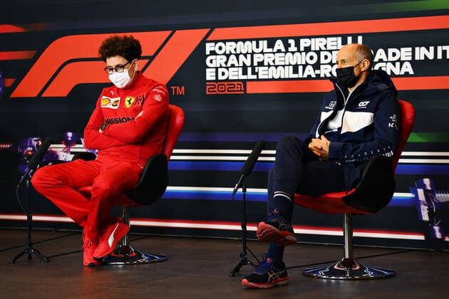 F1 Grand Prix of Emilia Romagna Mattia Binotto (ITA, Scuderia Ferrari Mission Winnow), Franz Tost (AUT, Scuderia AlphaTauri Honda), F1 Grand Prix of Emilia Romagna at Autodromo Enzo e Dino Ferrari on April 16, 2021 in Imola, Italy. (Photo by Clive Mason Getty Images FIA Pool via HOCH ZWEI) Imola Autodromo Enzo e Dino Ferrari Italy Poolfoto HOCH ZWEI Pool Getty Images ,EDITORIAL USE ONLY