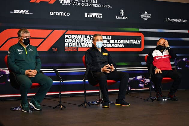 F1 Grand Prix of Emilia Romagna Otmar Szafnauer (ROU, Aston Martin Cognizant F1 Team), Mario Isola (ITA, Pirelli Motorsport), Frederic Vasseur (FRA, Alfa Romeo Racing ORLEN), F1 Grand Prix of Emilia Romagna at Autodromo Enzo e Dino Ferrari on April 16, 2021 in Imola, Italy. (Photo by Clive Mason Getty Images FIA Pool via HOCH ZWEI) Imola Autodromo Enzo e Dino Ferrari Italy Poolfoto HOCH ZWEI Pool Getty Images ,EDITORIAL USE ONLY