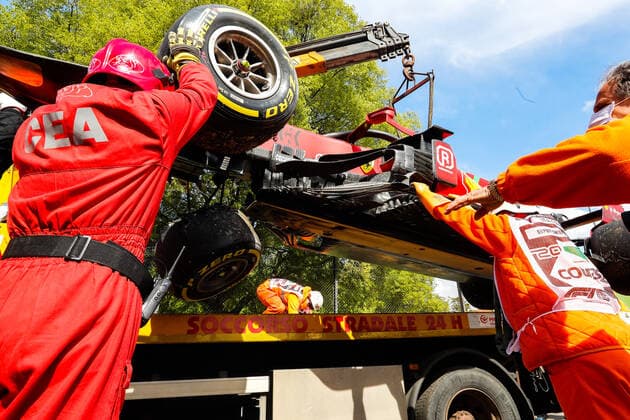 Car of 16 Charles Leclerc MON, Scuderia Ferrari Mission Winnow after crash, F1 Grand Prix of Emilia Romagna at Autodromo Enzo e Dino Ferrari on April 16, 2021 in Imola, Italy Photo by HOCH ZWEI Imola Italy
