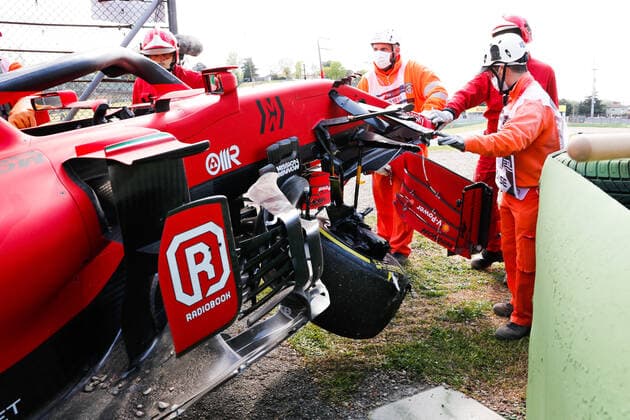 Car of 16 Charles Leclerc MON, Scuderia Ferrari Mission Winnow after crash, F1 Grand Prix of Emilia Romagna at Autodromo Enzo e Dino Ferrari on April 16, 2021 in Imola, Italy Photo by HOCH ZWEI Imola Italy