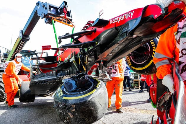 Car of 16 Charles Leclerc MON, Scuderia Ferrari Mission Winnow after crash, F1 Grand Prix of Emilia Romagna at Autodromo Enzo e Dino Ferrari on April 16, 2021 in Imola, Italy Photo by HOCH ZWEI Imola Italy