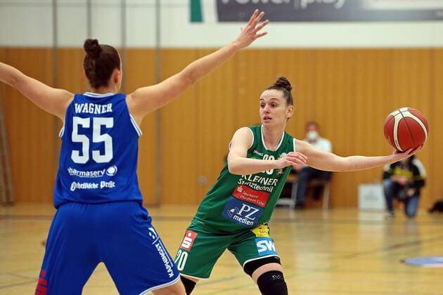 16 04 2021, xovx, Basketball Damen Bundesliga Playoffs Halbfinale Spiel 2, BC pharmaserv Marburg Rutronik Stars Keltern v l Stephanie Wagner BC Pharmaserv Marburg , Sanja Mandic Rutronik Stars Keltern Marburg Sporthalle Georg Gaßmann Stadion Hessen Deutschland DE