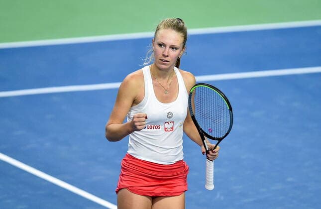 2021.04.16 Bytom Tenis Puchar Billie Jean King Mecz: Magdalena Frech - Carolina Meligeni Alves Polska - Brazylia N z Magdalena Frech Emocje reakcja Foto Lukasz Sobala PressFocus 2021.04.16 Bytom Tennis Billie Jean King Cup 2021 Play-Offs Poland - Brazil Magdalena Frech Emocje reakcja Credit: Lukasz Sobala PressFocus NEWSPIX.PL --- Newspix.pl  20210416PF_LS159