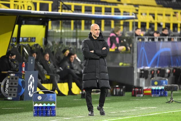 Dortmund, Signal Iduna Park, 14 04 21, GER, Herren, UEFA Champions League, Saison 2020 2021, Borussia Dortmund Manchester City Bild Trainer Pep Guardiola Manchester City Nur fuer journalistische Zwecke Only for editorial use According to the regulations of the DFL Deutsche Fußball Liga it is prohibited to use or have used photographs taken in the stadium and or from the match in the form of sequence images and or video-like photo series DFL regulations prohibit any use of photographs as image sequences and or quasi video Nordrhein Westfalen Germany