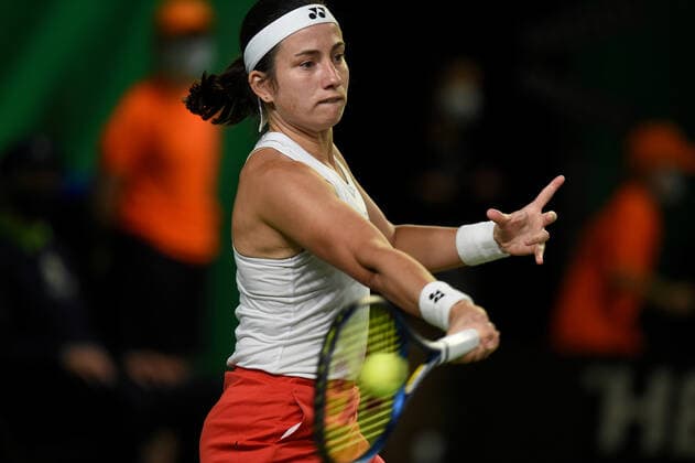 (210417) -- JURMALA, April 17, 2021 -- Anastasija Sevastova of Latvia competes against Karman Kaur Thandi of India during the Billie Jean King Cup by BNP Paribas play-offs between Latvia and India at the National Tennis Centre Lielupe in Jurmala, Latvia on April 16, 2021. (Photo by Xinhua) (SP)LATVIA-JURMALA-TENNIS-BILLIE JEAN KING CUP-PLAY-OFFS-LATVIA VS INDIA EdijsxPalens 