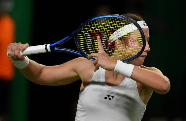 (210417) -- JURMALA, April 17, 2021 -- Anastasija Sevastova of Latvia competes against Karman Kaur Thandi of India during the Billie Jean King Cup by BNP Paribas play-offs between Latvia and India at the National Tennis Centre Lielupe in Jurmala, Latvia on April 16, 2021. (Photo by Xinhua) (SP)LATVIA-JURMALA-TENNIS-BILLIE JEAN KING CUP-PLAY-OFFS-LATVIA VS INDIA EdijsxPalens 
