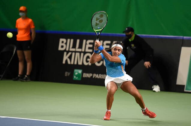 (210417) -- JURMALA, April 17, 2021 -- Ankita Raina of India competes against Jelena Ostapenko of Latvia during the Billie Jean King Cup by BNP Paribas play-offs between Latvia and India at the National Tennis Centre Lielupe in Jurmala, Latvia on April 16, 2021. (Photo by Xinhua) (SP)LATVIA-JURMALA-TENNIS-BILLIE JEAN KING CUP-PLAY-OFFS-LATVIA VS INDIA EdijsxPalens 