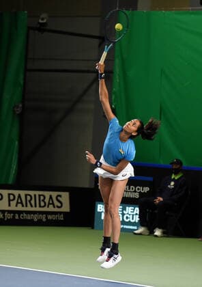 (210417) -- JURMALA, April 17, 2021 -- Karman Kaur Thandi of India competes against Anastasija Sevastova of Latvia during the Billie Jean King Cup by BNP Paribas play-offs between Latvia and India at the National Tennis Centre Lielupe in Jurmala, Latvia on April 16, 2021. (Photo by Xinhua) (SP)LATVIA-JURMALA-TENNIS-BILLIE JEAN KING CUP-PLAY-OFFS-LATVIA VS INDIA EdijsxPalens 