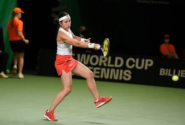 (210417) -- JURMALA, April 17, 2021 -- Anastasija Sevastova of Latvia competes against Karman Kaur Thandi of India during the Billie Jean King Cup by BNP Paribas play-offs between Latvia and India at the National Tennis Centre Lielupe in Jurmala, Latvia on April 16, 2021. (Photo by Xinhua) (SP)LATVIA-JURMALA-TENNIS-BILLIE JEAN KING CUP-PLAY-OFFS-LATVIA VS INDIA EdijsxPalens 
