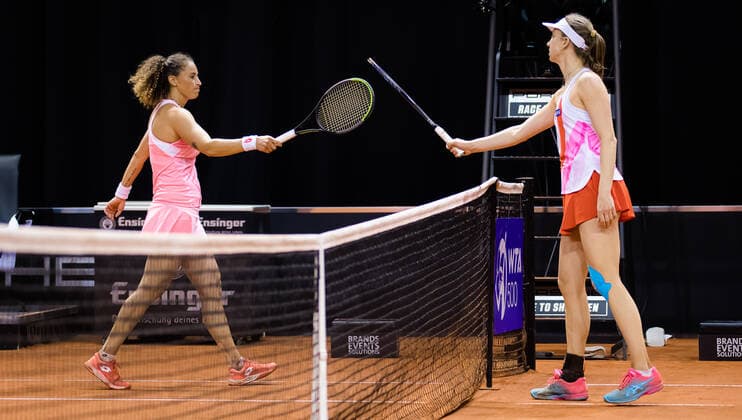 April 17, 2021, STUTTGART, GERMANY: Martina Caregaro of Italy & Mona Barthel of Germany in action during the first round of qualifications at the 2021 Porsche Tennis Grand Prix WTA, Tennis Damen 500 tournament STUTTGART GERMANY - ZUMAa181 20210417_zaa_a181_014 Copyright: xRobxPrangex