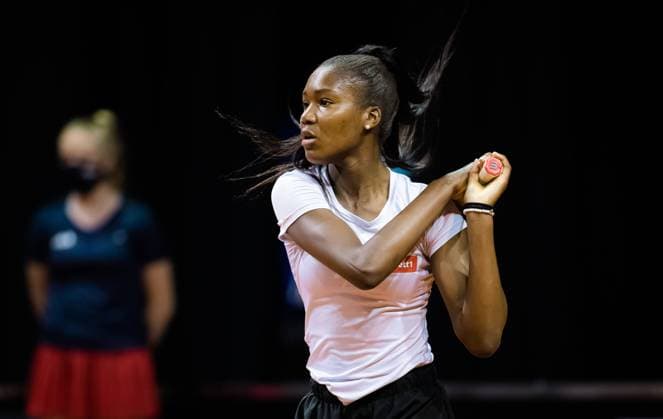 April 17, 2021, STUTTGART, GERMANY: Noma Noha Akugue of Germany in action during the first round of qualifications at the 2021 Porsche Tennis Grand Prix WTA, Tennis Damen 500 tournament against Margarita Gasparyan of Russia STUTTGART GERMANY - ZUMAa181 20210417_zaa_a181_036 Copyright: xRobxPrangex