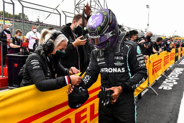 F1 Grand Prix of Emilia Romagna Angela Cullen (GBR, Mercedes-AMG Petronas F1 Team), 44 Lewis Hamilton (GBR, Mercedes-AMG Petronas F1 Team), F1 Grand Prix of Emilia Romagna at Autodromo Enzo e Dino Ferrari on April 17, 2021 in Imola, Italy. (Photo by Mark Sutton LAT Motorsport Images FIA Pool via HOCH ZWEI) Imola Italy Poolfoto HOCH ZWEI Pool Motorsport Images ,EDITORIAL USE ONLY